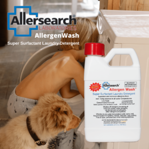 Allersearch® AllergenWash Boy with Dog Getting Clothes from Washing Machine