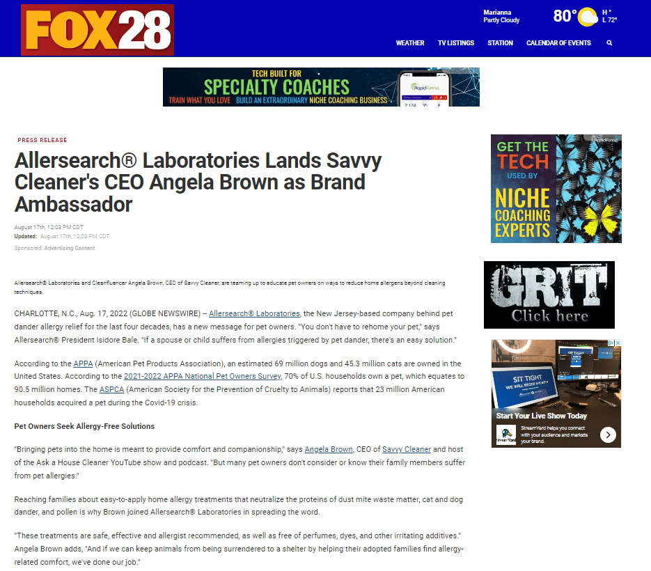 Fox 28 Allersearch Laboratories Angela Brown as Brand Ambassador