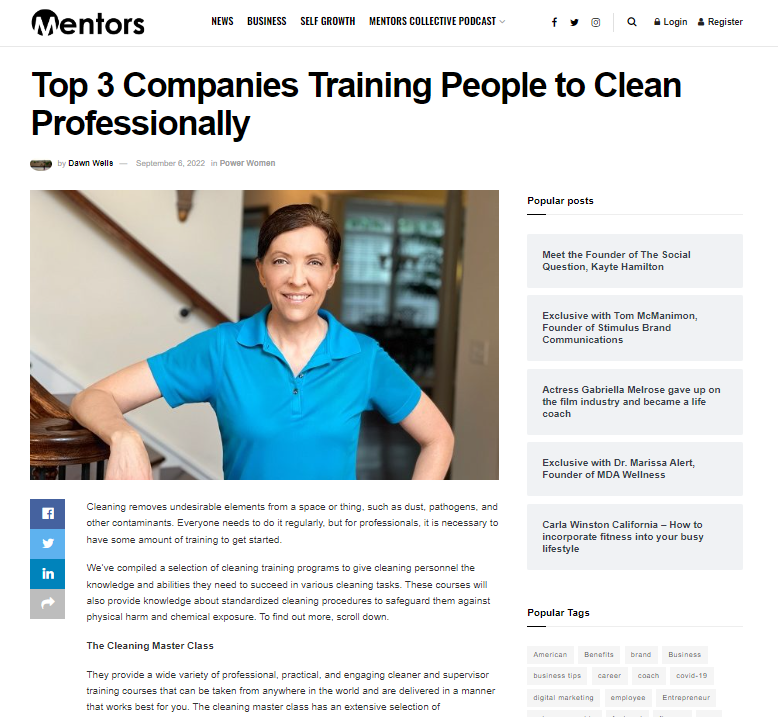 Mentors features Angela Brown in Top 3 Companies Who Train Cleaners