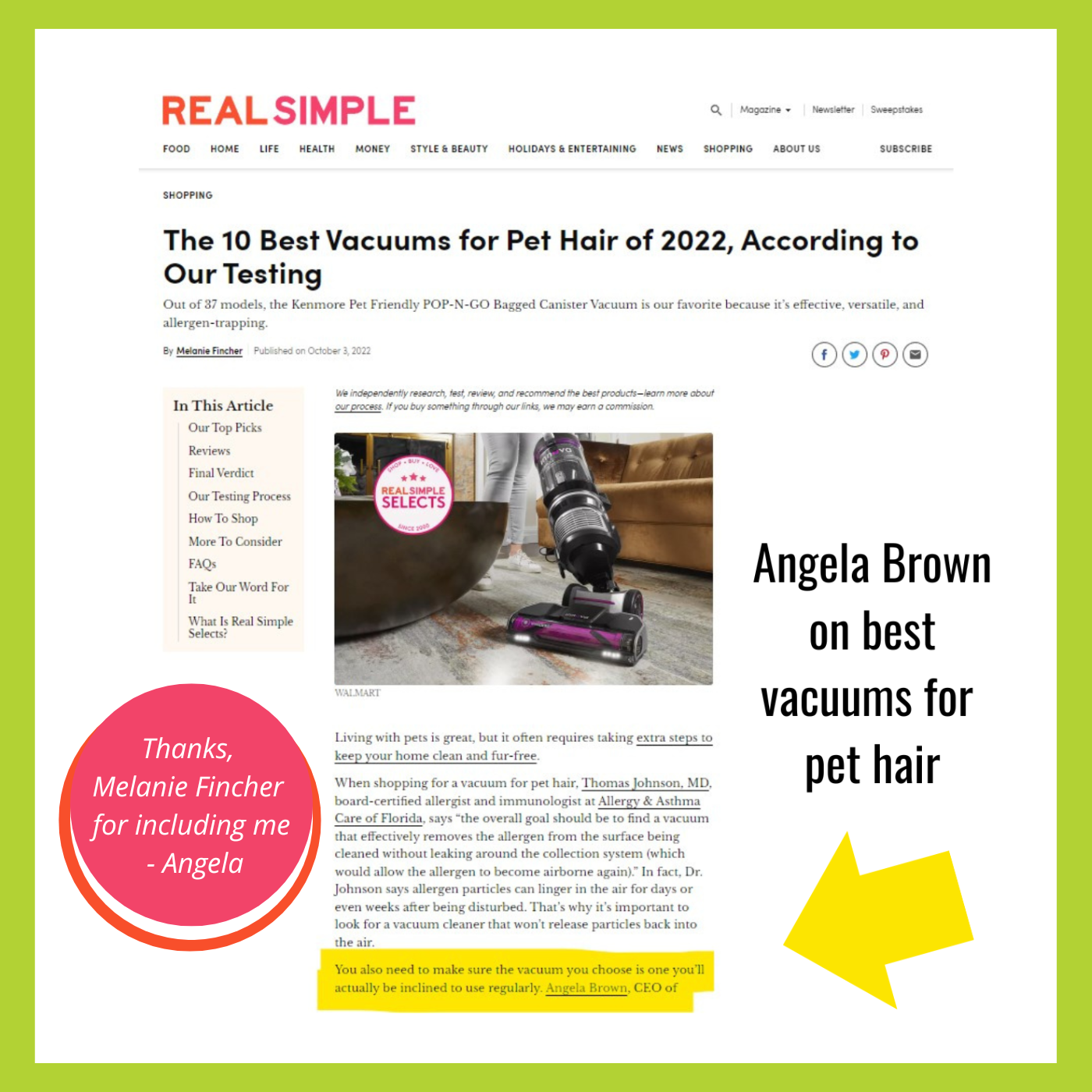 Melanie Fincher with Angela Brown Vaccums for Pet Hair Real Simple-G